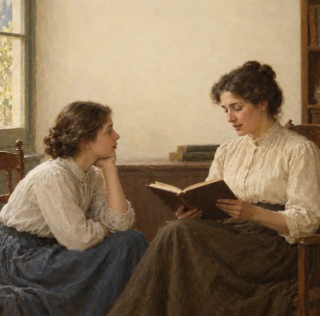 Mãe lê para a filha junto à janela