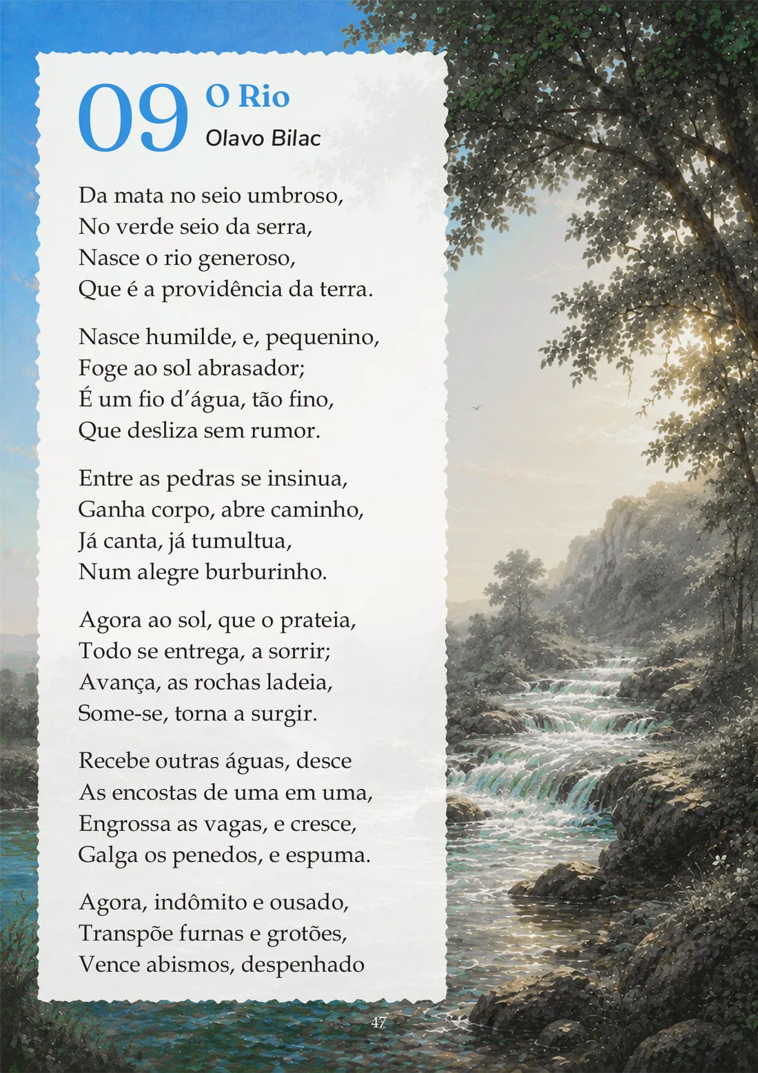 Página 47 da Trilha: início do poema O Rio, de Olavo Bilac, sobre a ilustração de um rio na mata